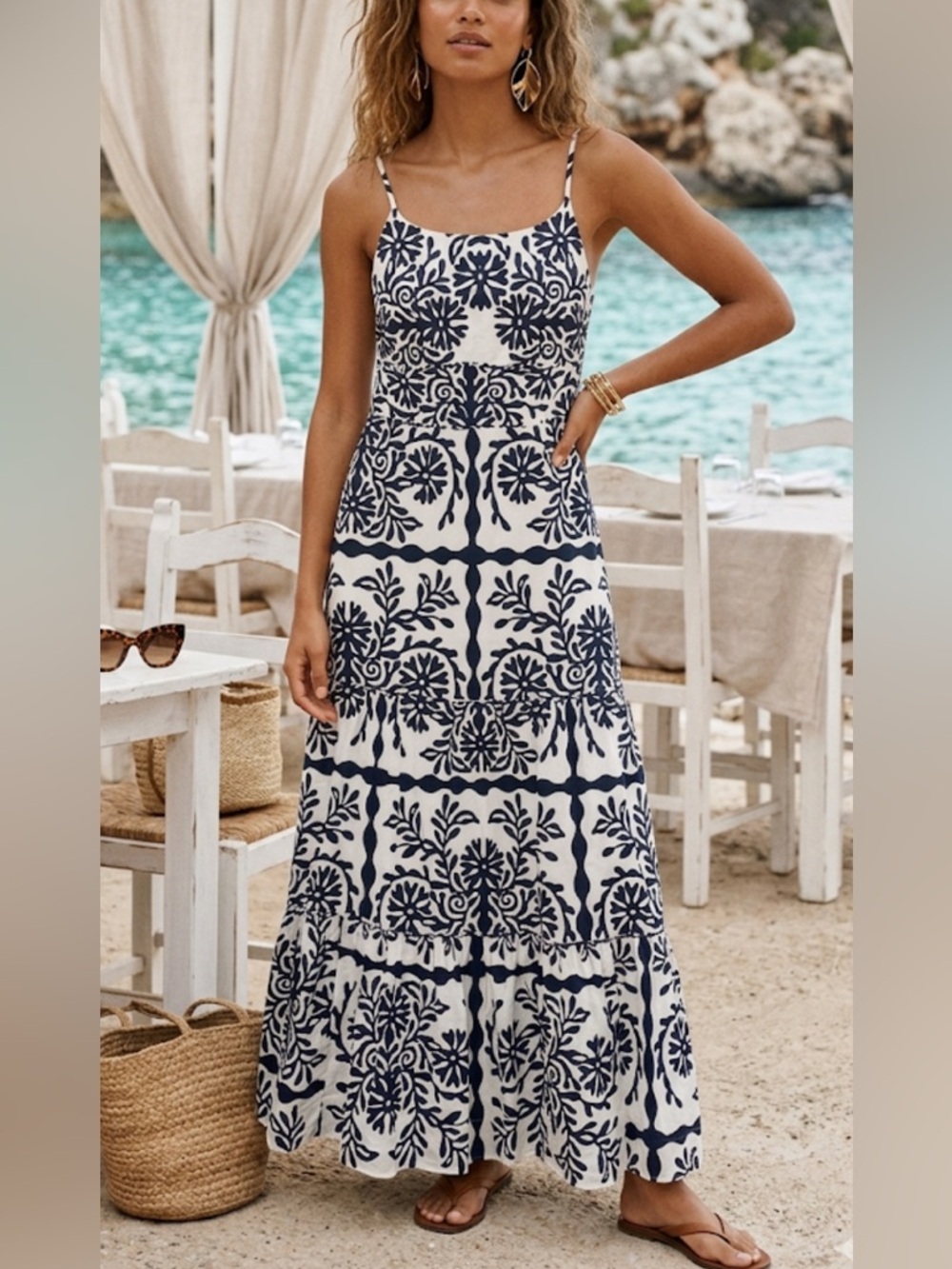 C&C California XS Dress Maxi White/Black Geometric Spaghetti Strap Lined Pockets